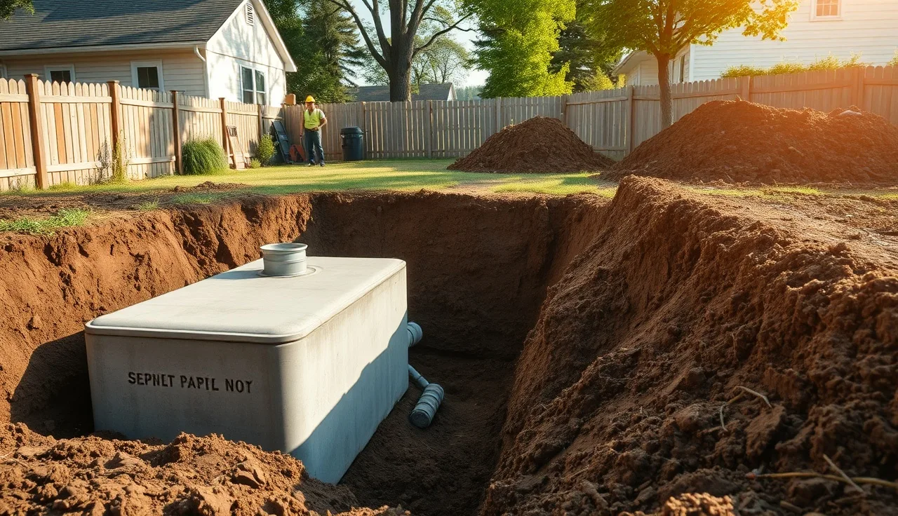 Concrete septic tank being installed in a residential backyard trench