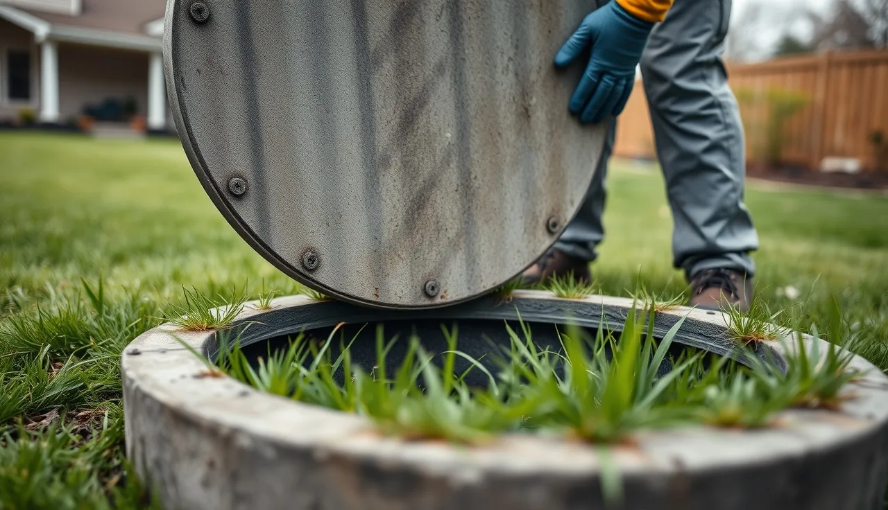 Technician lifting septic tank lid in a residential backyard during inspection