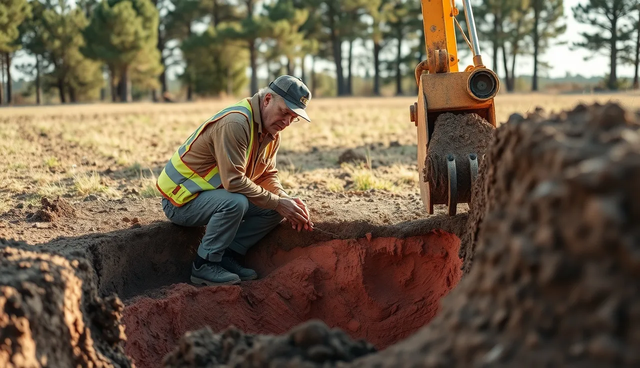 Soil evaluator examining a backhoe pit during an Arkansas perc test