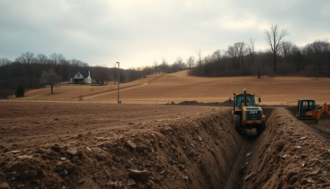 Ozark hillside with limestone outcrops and septic system excavation in progress near a farmhouse