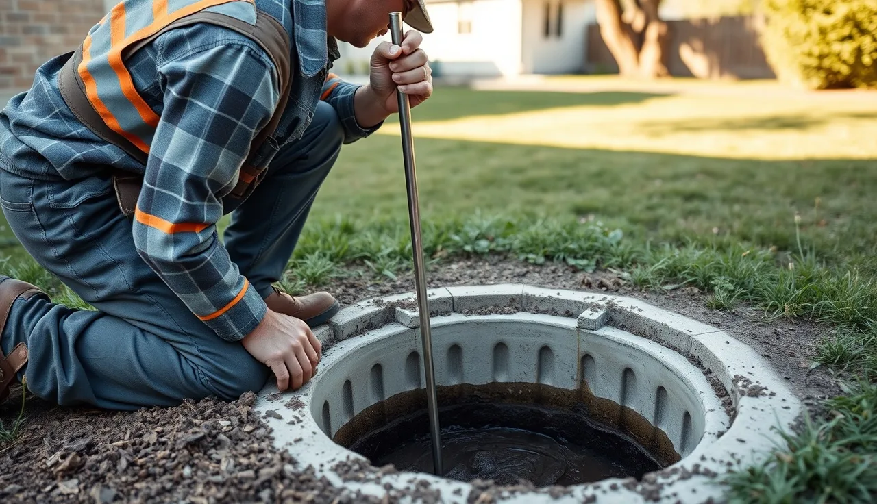 Septic inspector probing an open tank riser during an ASI inspection in a residential backyard