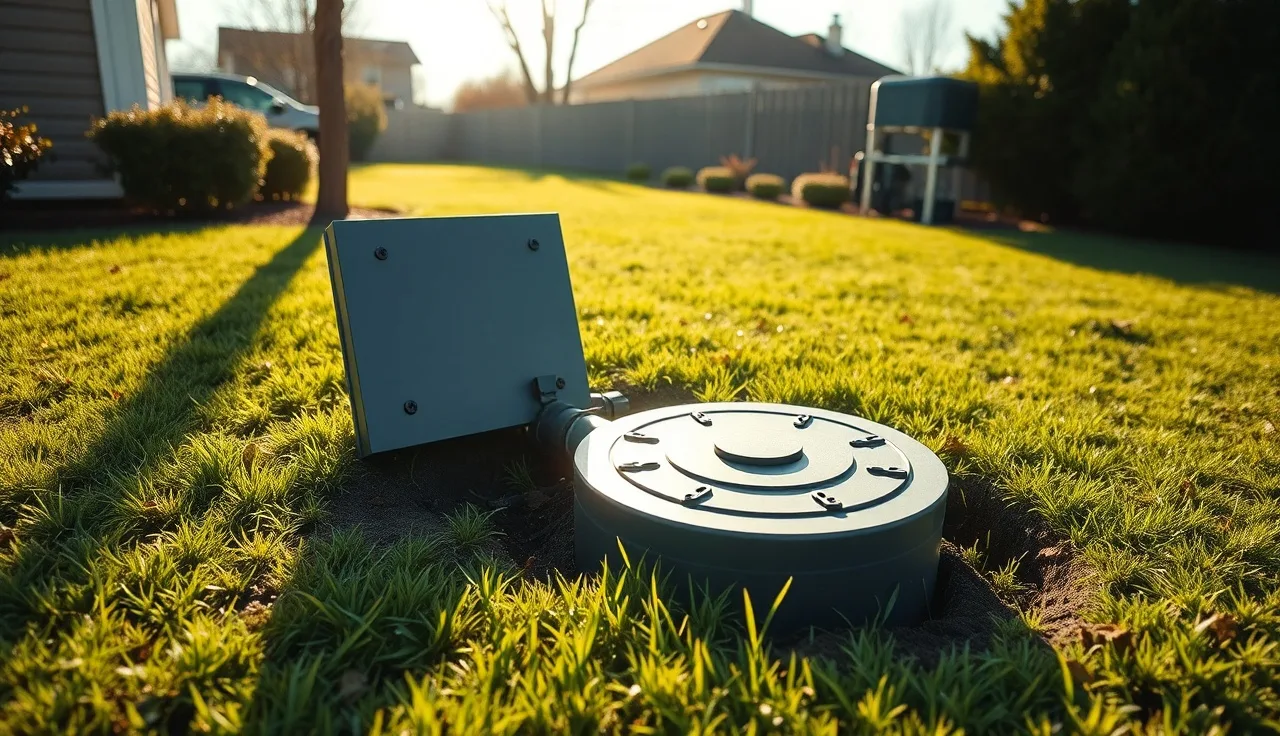 Residential ATU septic system riser and control panel in a backyard lawn