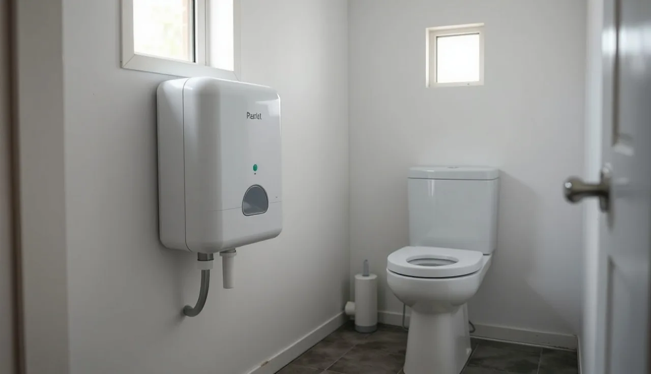Automatic septic tank treatment dispenser mounted on a utility room wall near a toilet