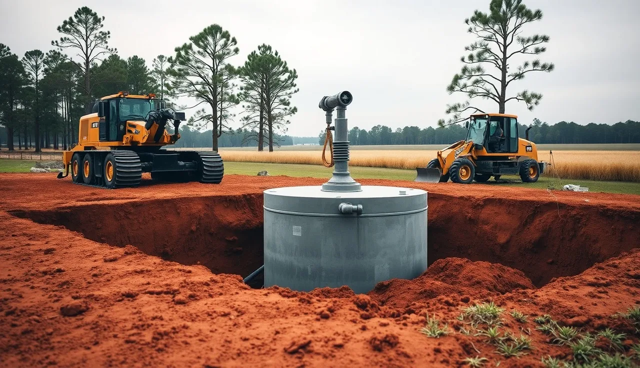 Concrete septic tank being installed in rural South Carolina red soil trench