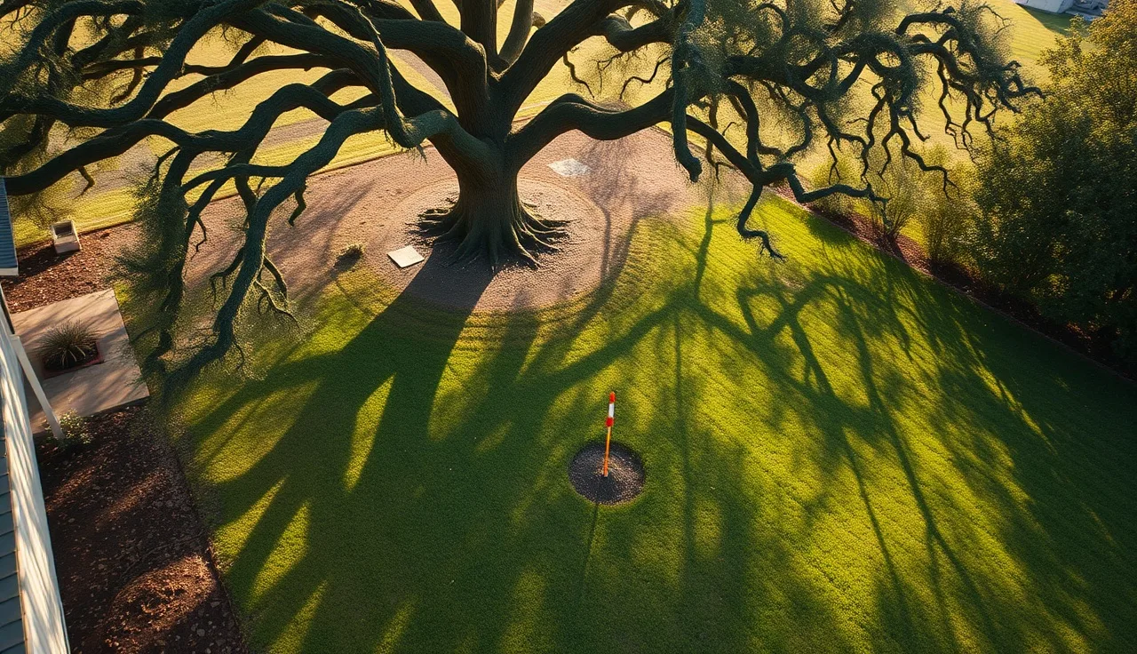 Aerial view of a grassy rural backyard with survey flags marking a leach field area
