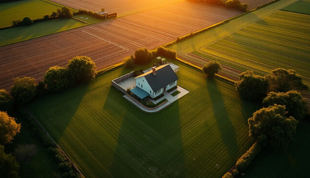 Aerial view of rural home with green yard showing septic property space