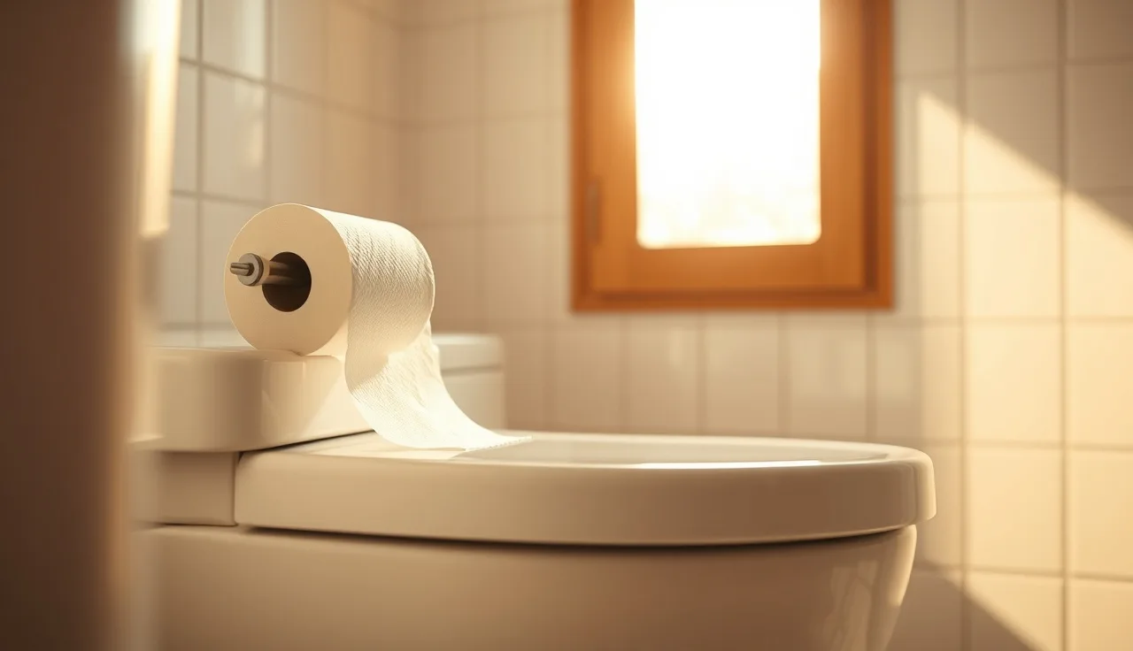 Single roll of white toilet paper resting on ceramic toilet tank in sunlit bathroom