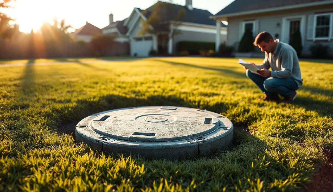 Homeowner reviewing documents next to an open septic tank lid in backyard