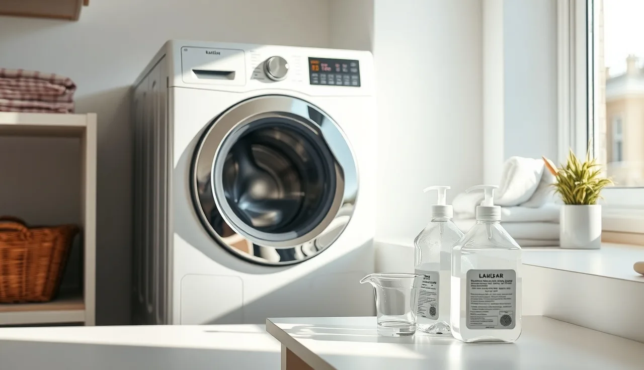 Front-loading washing machine with liquid detergent on countertop in bright laundry room