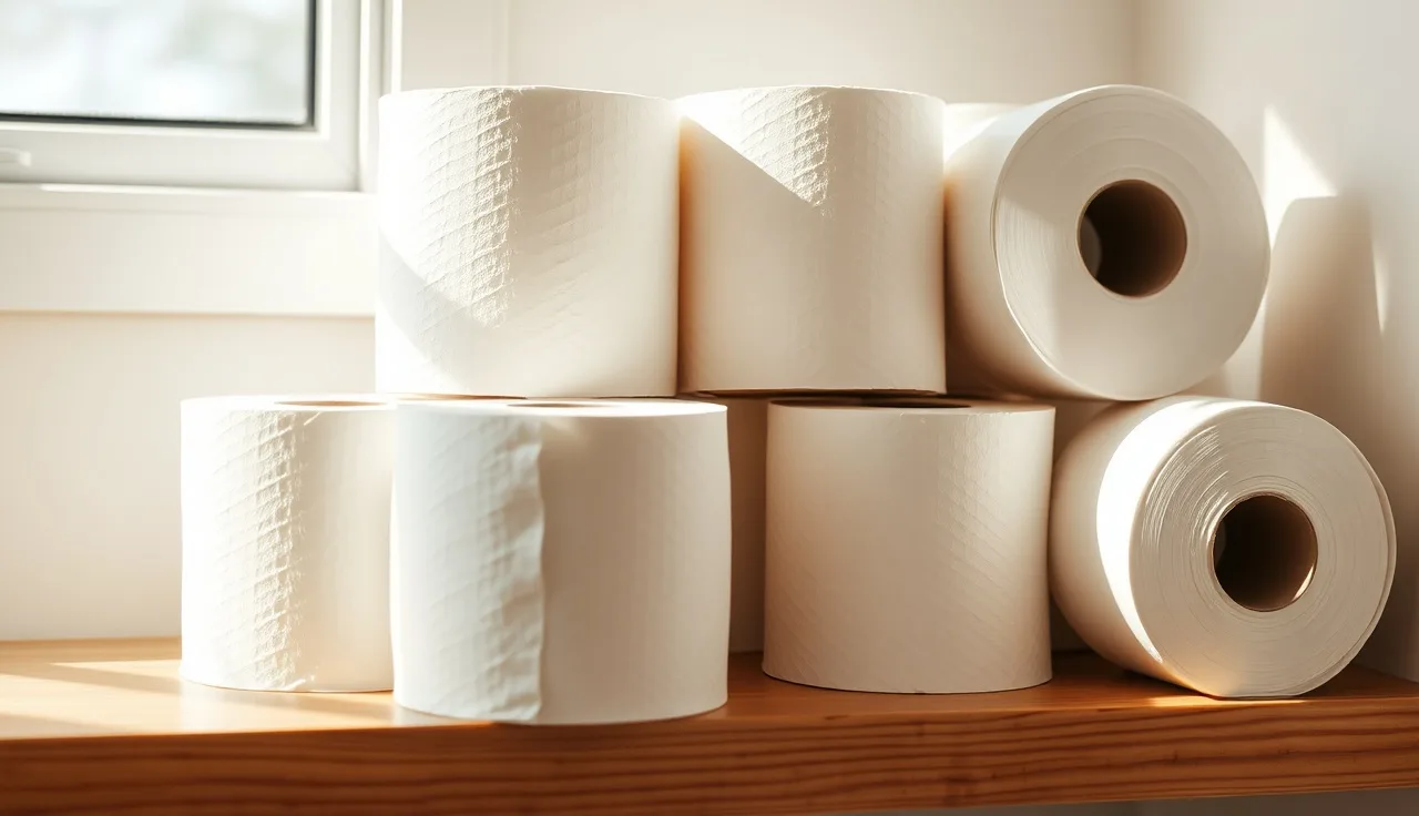 Plain white toilet paper rolls stacked on a bathroom shelf in natural light