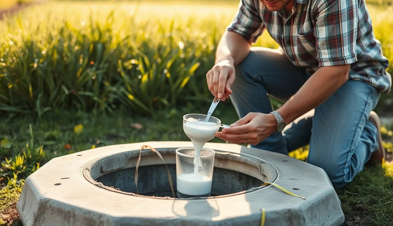 Homeowner adding bio septic tank treatment powder beside an open tank lid