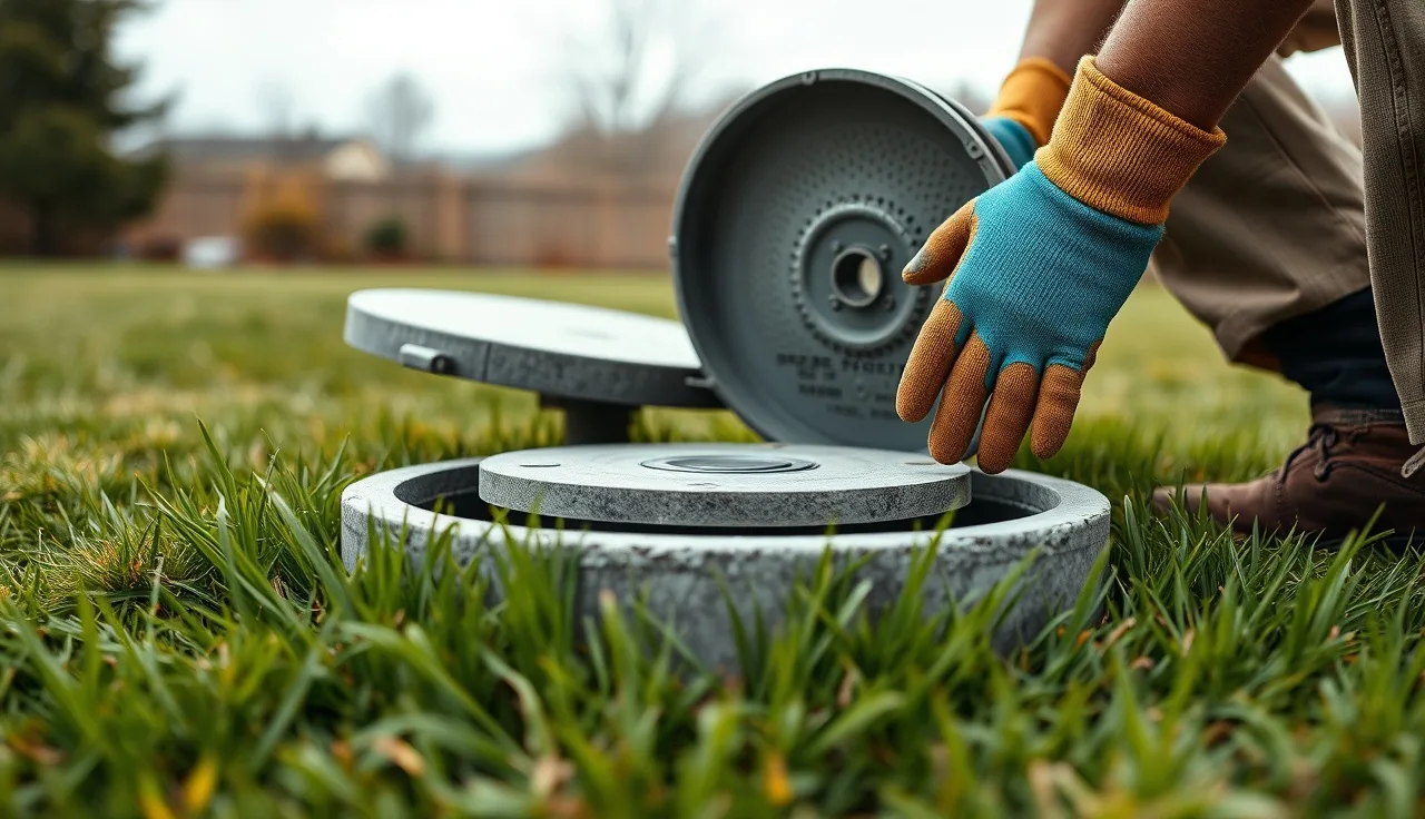 Homeowner opening concrete septic tank access riser in backyard lawn