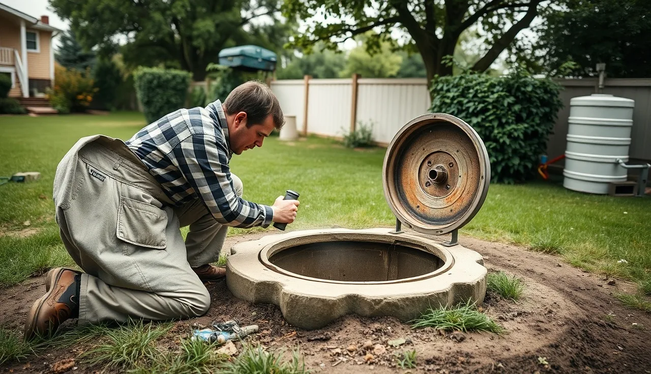 Homeowner inspecting an open septic tank riser in a backyard, checking bacterial treatment results