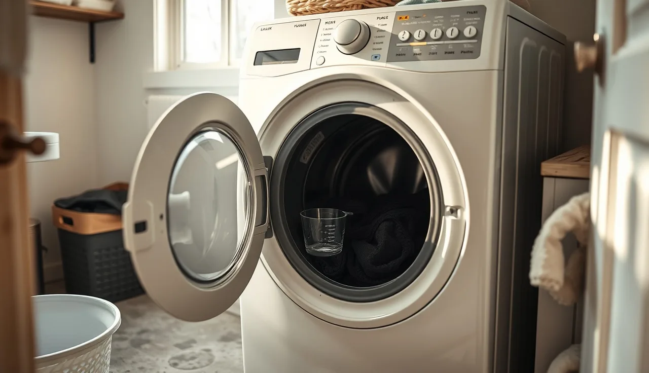 Laundry room with washing machine and small measuring cup of bleach on top