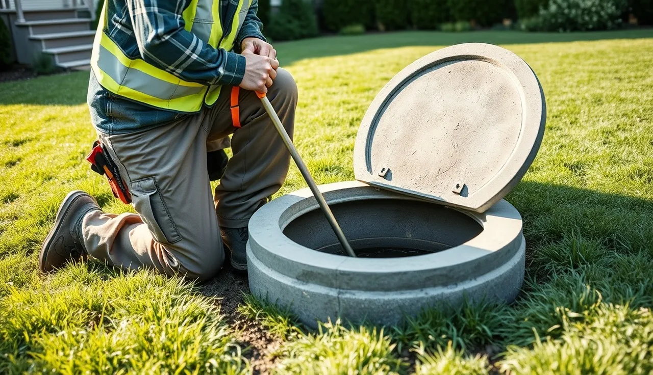 Septic inspector kneeling beside open tank lid during a residential septic inspection