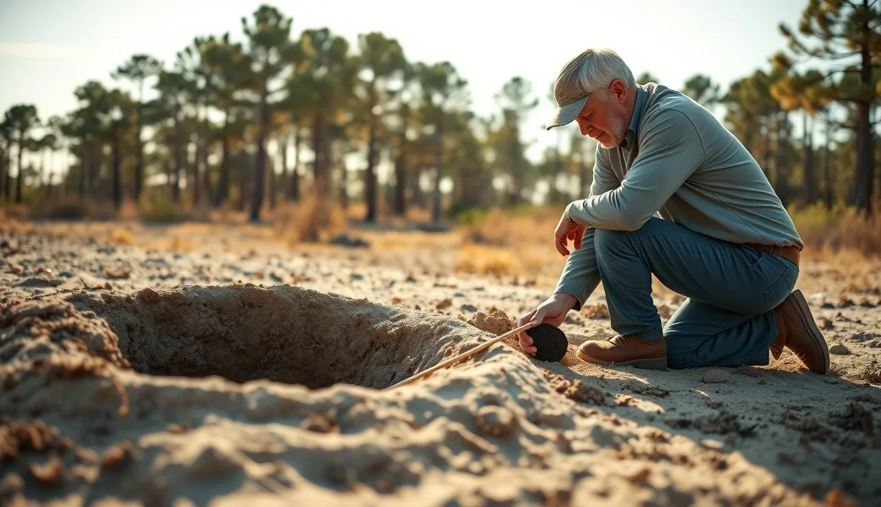 Soil scientist examining a soil boring core during a perc test evaluation on a Brunswick County lot