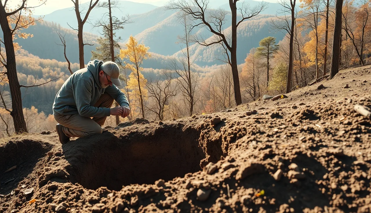 Soil scientist examining a profile pit for a perc test on a Buncombe County mountain lot