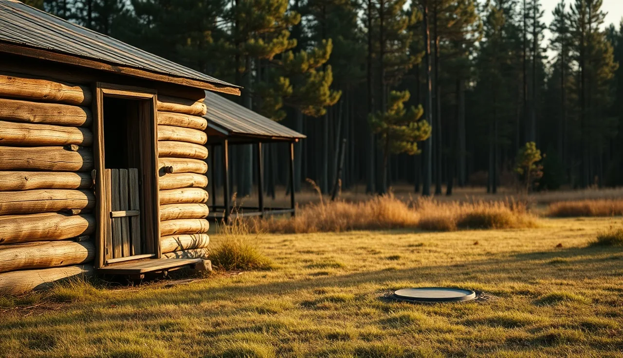 Wooden cabin with septic tank access lid visible in the yard at autumn morning