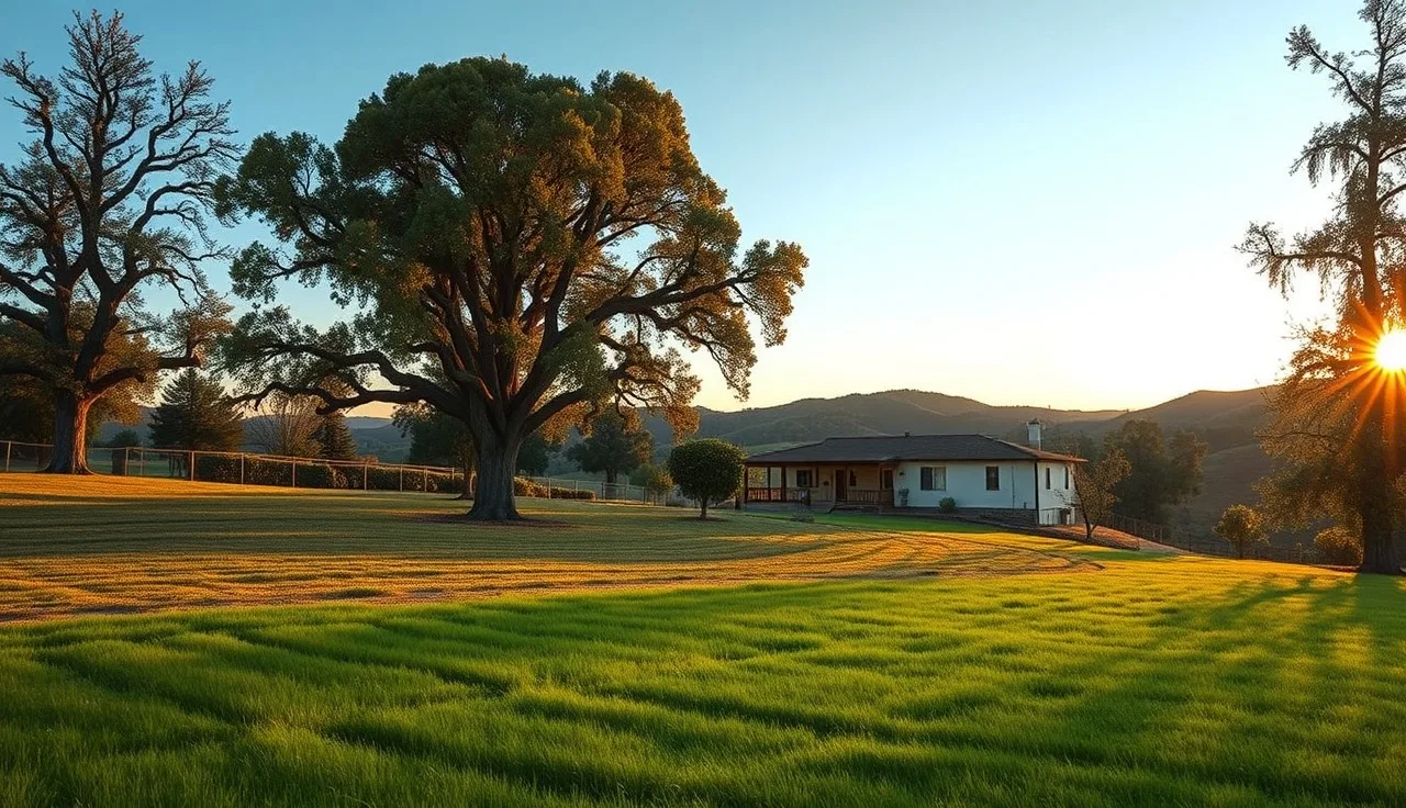 Rural California home with visible leach field area on a hillside at sunset