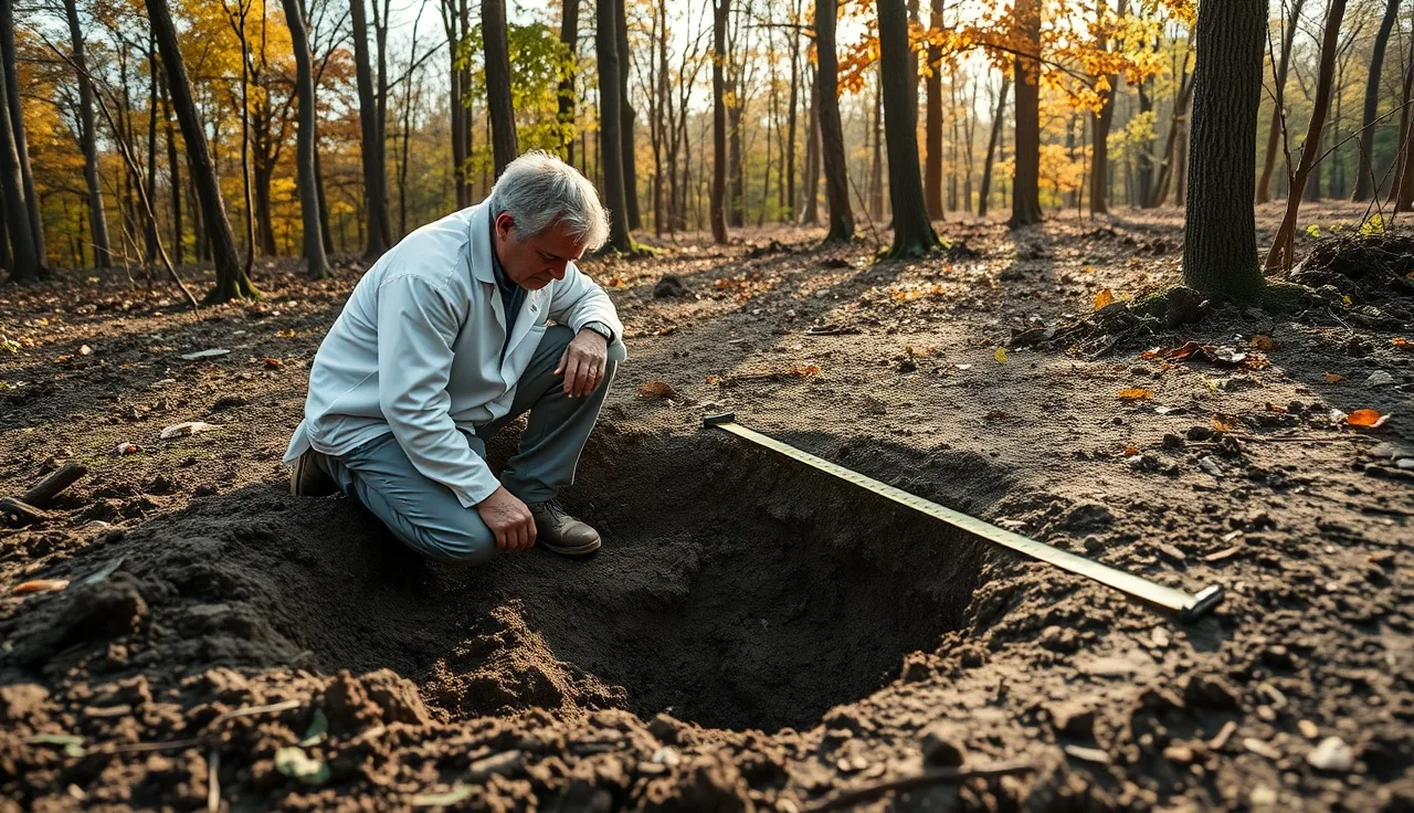 Soil scientist examining a perc test hole in rural Calvert County Maryland