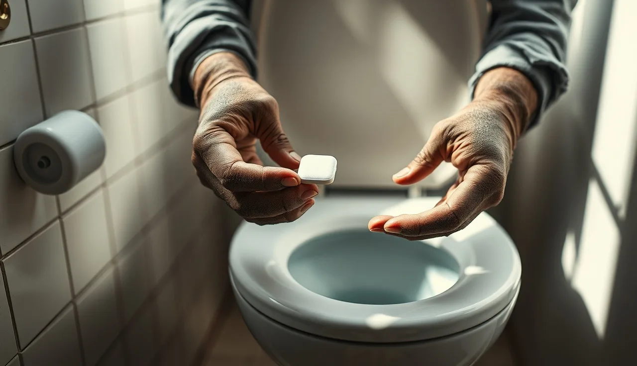 Weathered hands holding a white septic treatment tablet over a toilet bowl