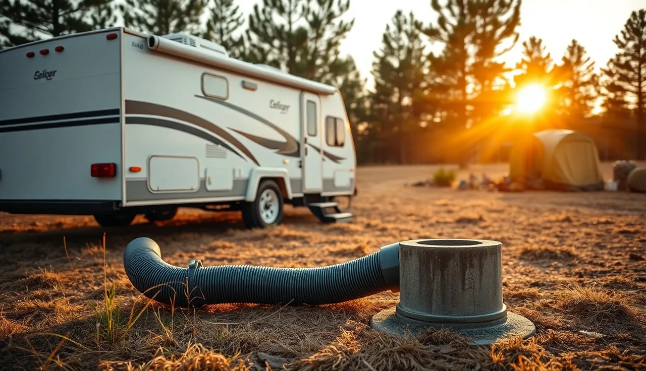 Travel trailer connected to a dump station inlet with a sewer hose at a rural campsite