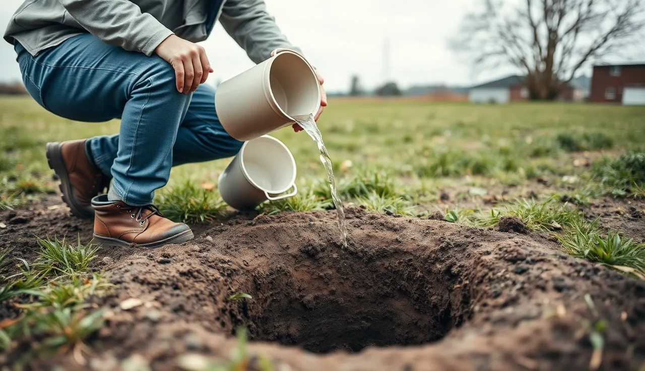 Soil scientist pouring water into a perc test hole on a rural lot