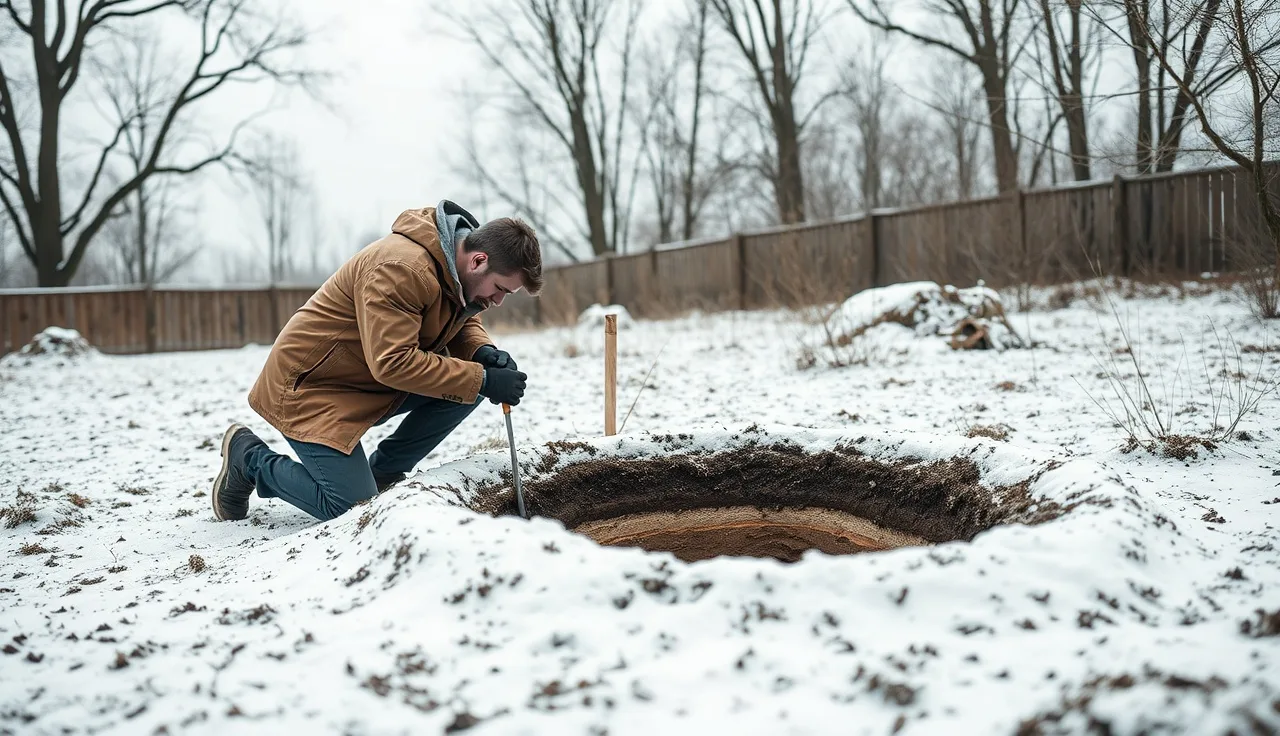 Soil scientist examining a perc test pit in frozen winter ground