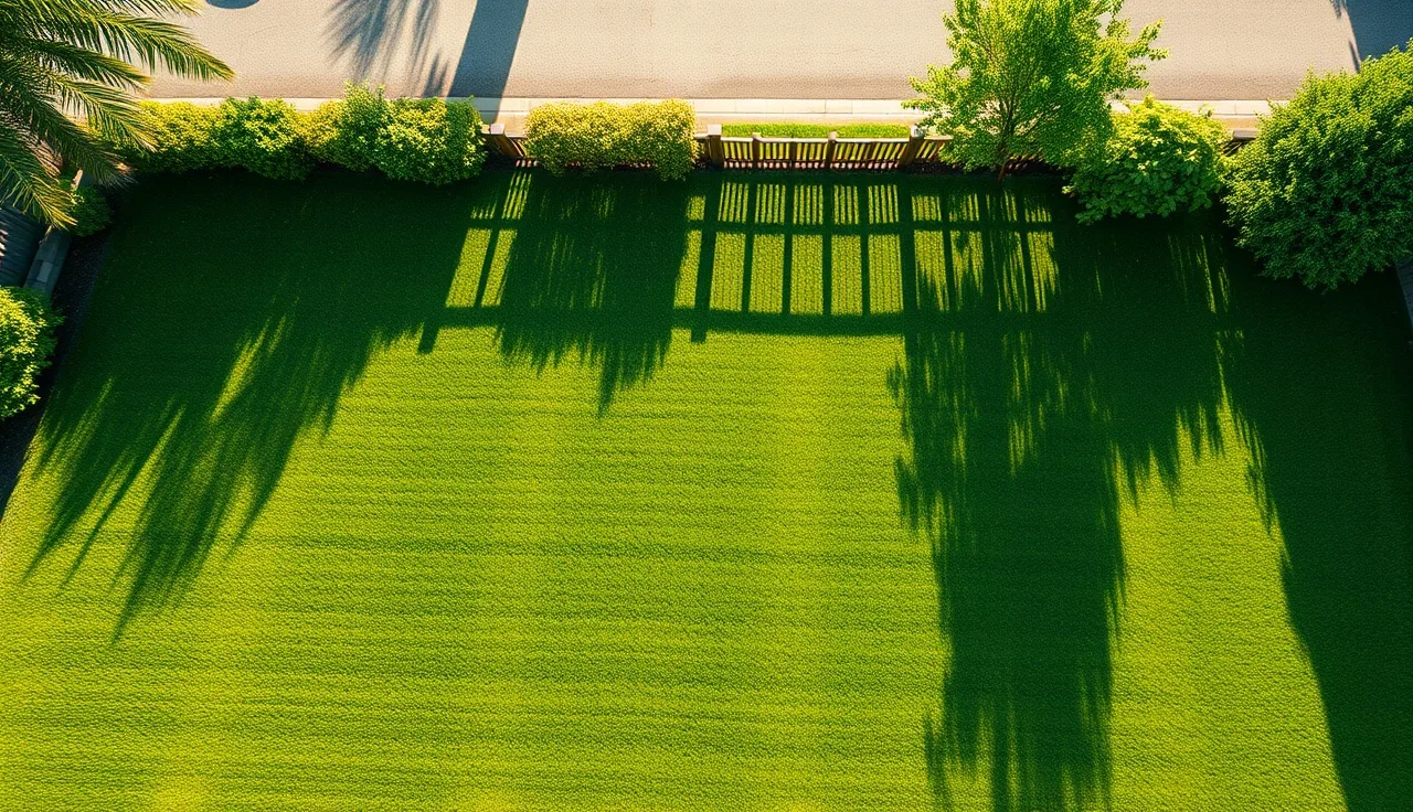 Green residential backyard lawn with no vehicles, covering a leach field area