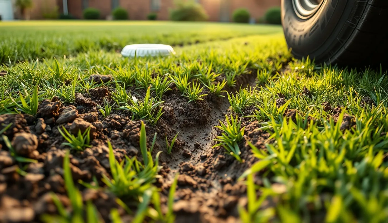 Deep tire track pressed into grass above a residential septic drain field