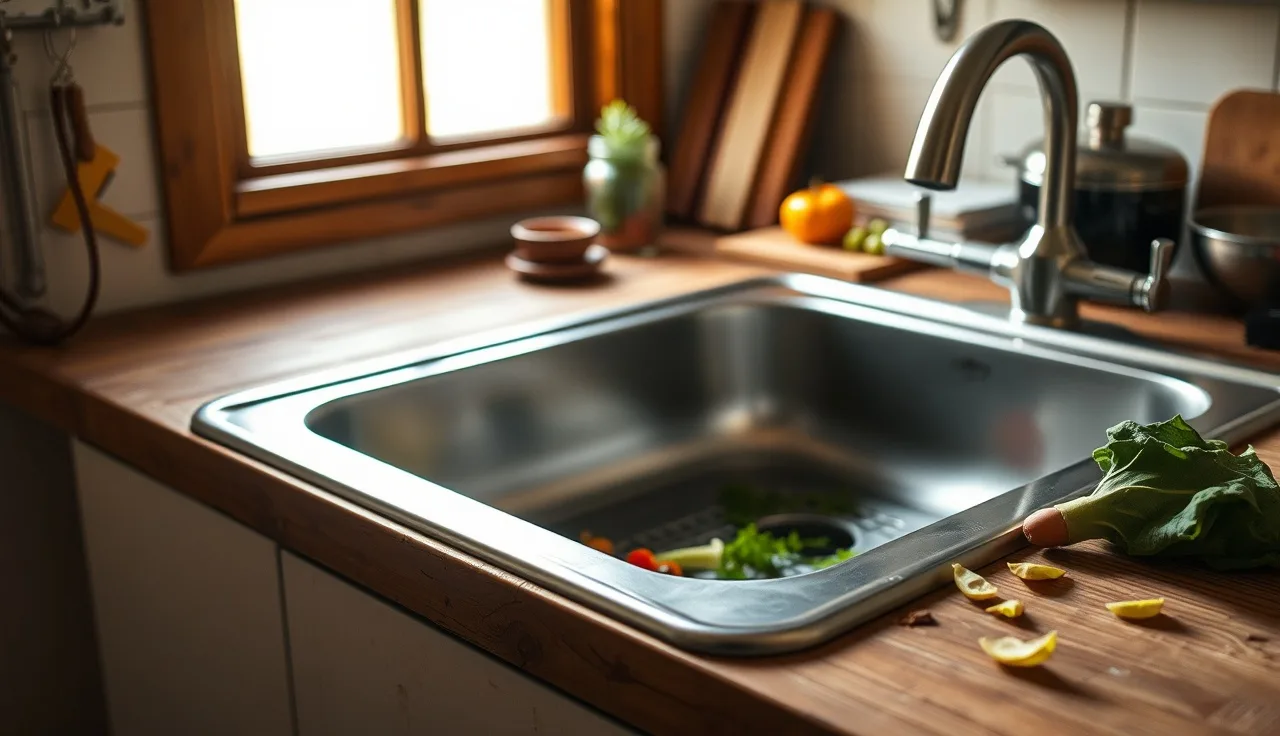 Kitchen sink drain with vegetable scraps on countertop connected to septic system