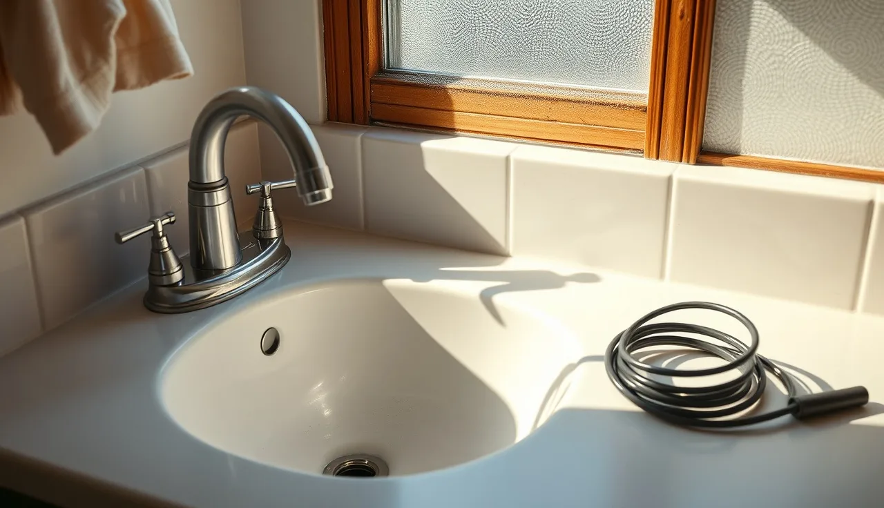 Bathroom sink with drain snake on counter, soft afternoon light through frosted window