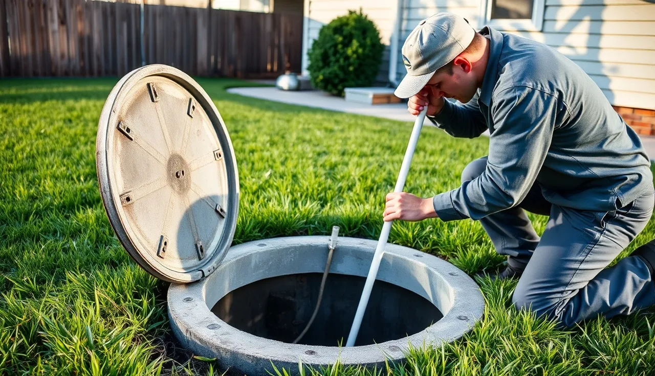 Septic technician measuring sludge depth in an open residential septic tank