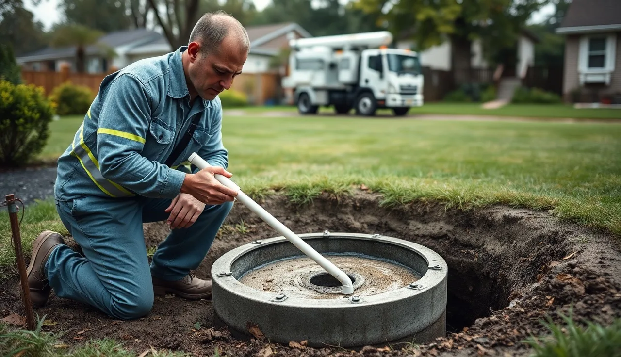 Septic technician measuring sludge depth inside an open septic tank in a residential yard