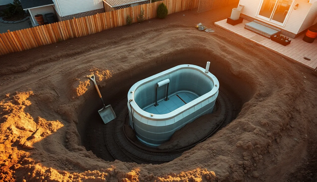 Open excavation showing old cesspool pit next to a new concrete septic tank in a residential backyard