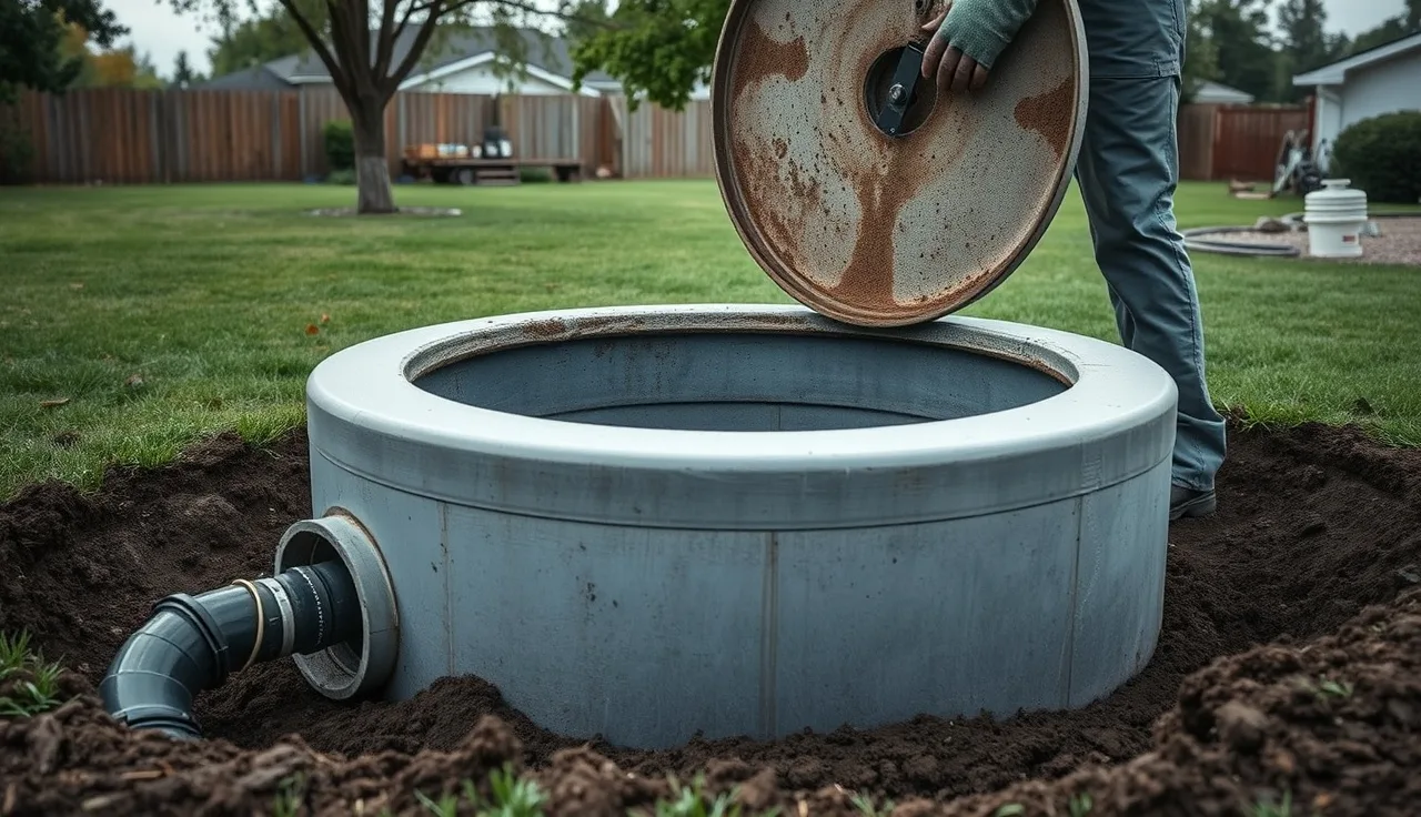 Worker opening a concrete septic tank lid in a residential backyard
