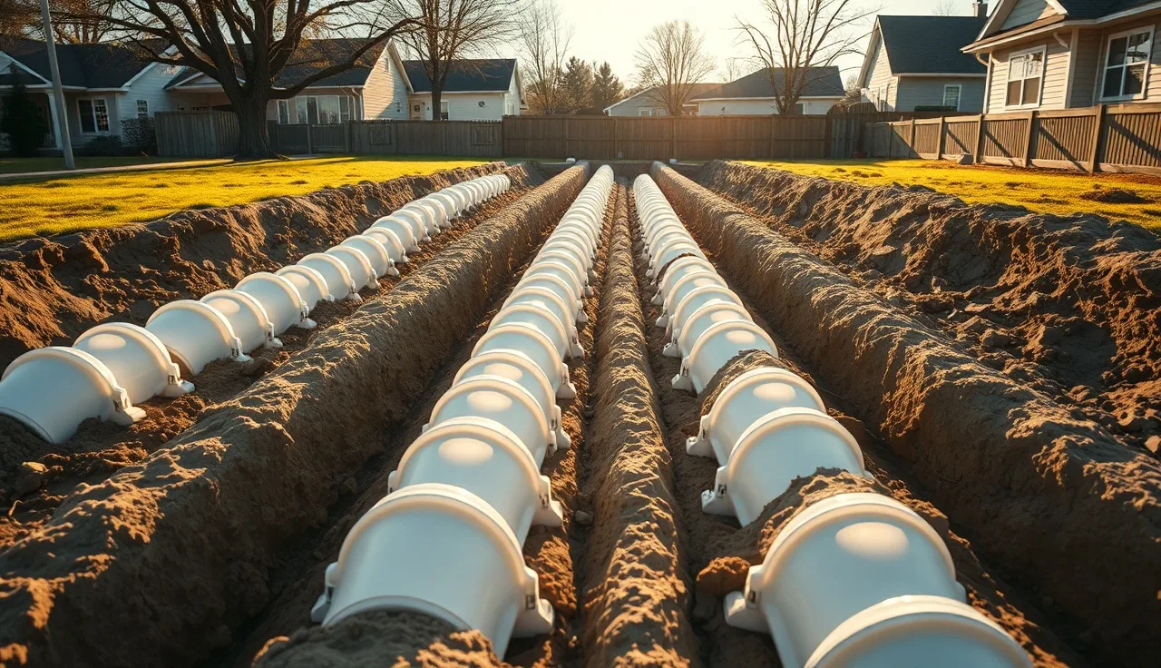 Rows of white plastic chamber arches installed in parallel trenches for a residential septic system drain field