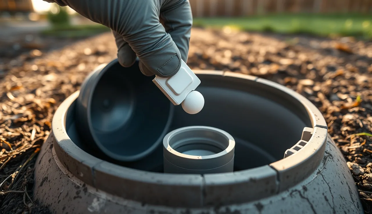 Gloved hand adding chlorine tablet to an aerobic septic system feeder tube