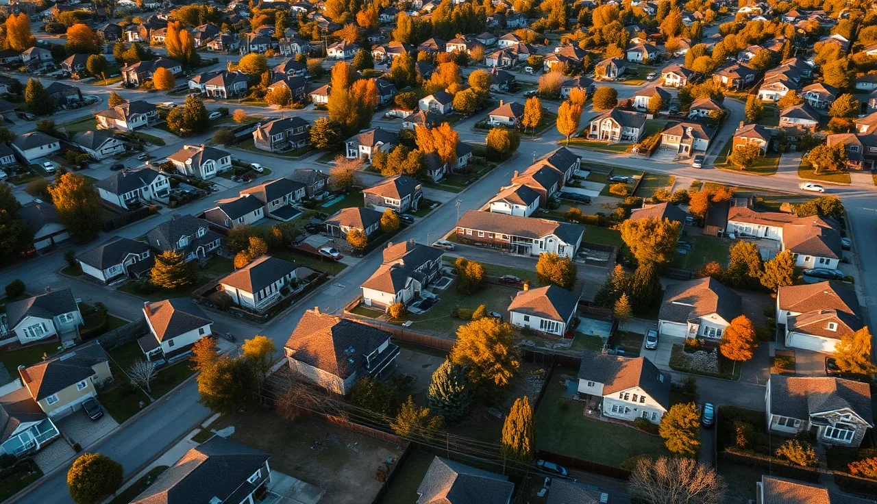 Suburban neighborhood split between homes with septic drain fields and city sewer connections
