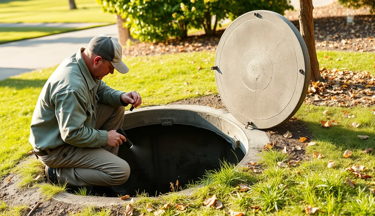 Septic inspector examining open tank lid during a Class H inspection in Delaware