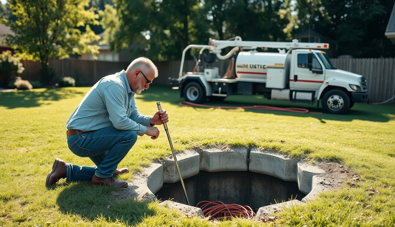 Septic inspector examining an open tank access port during a classic septic inspection