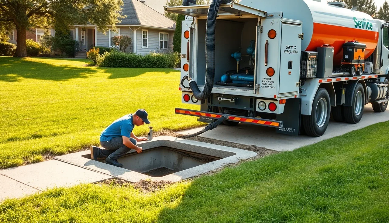 Septic vacuum truck technician opening tank access port during residential septic cleaning