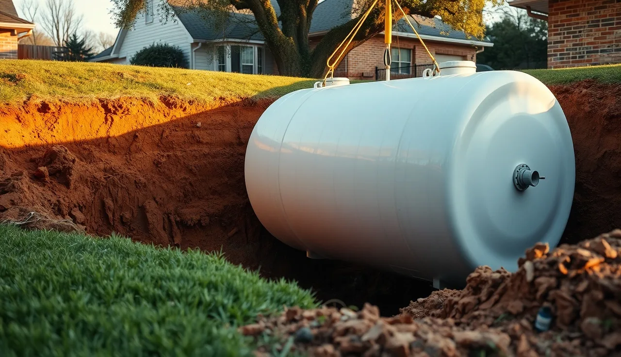 Aerobic septic system tank being installed in a residential backyard excavation