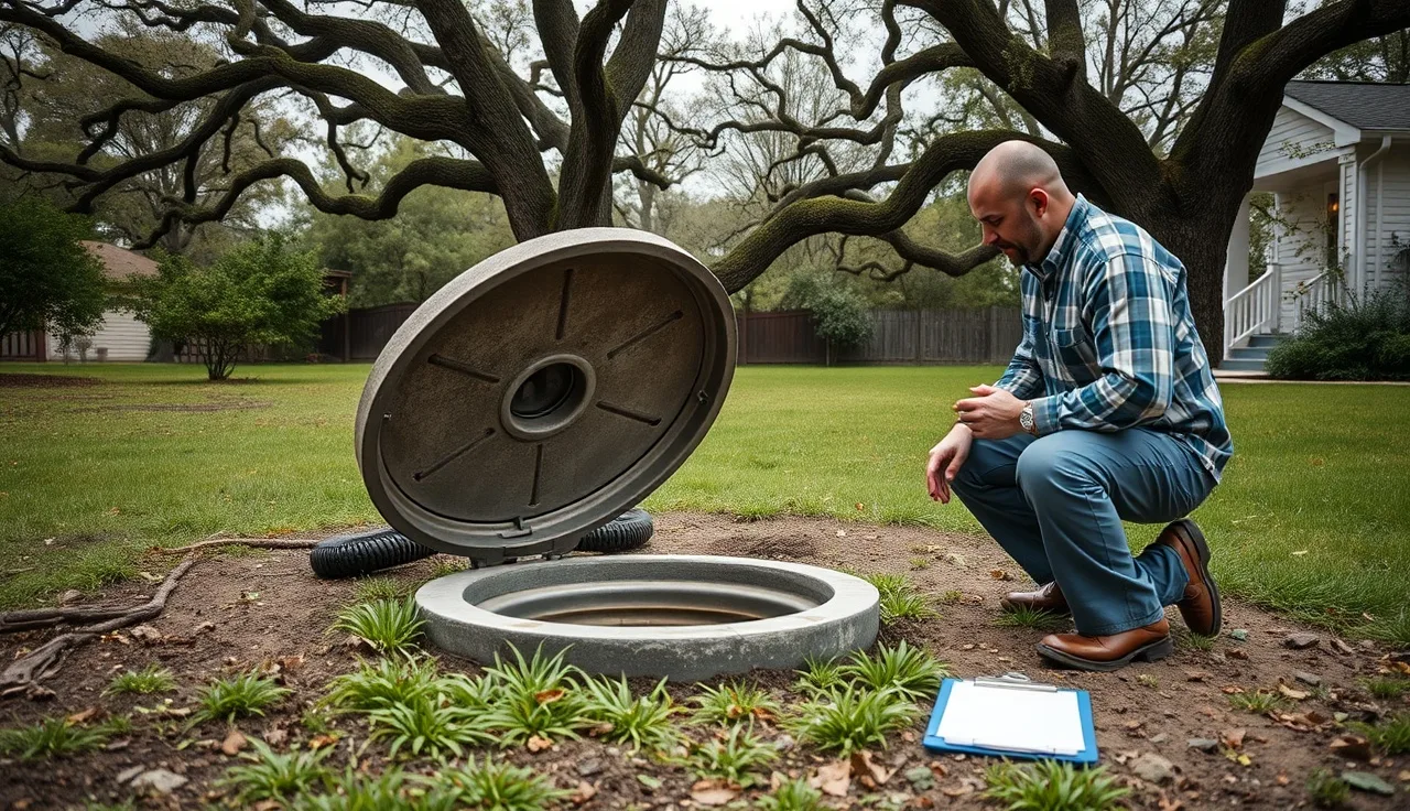 Technician inspecting an open septic tank lid in a wooded Clifton Virginia backyard