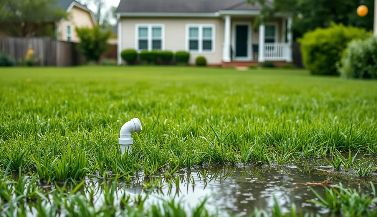 Waterlogged backyard lawn showing pooling water over a clogged leach field area