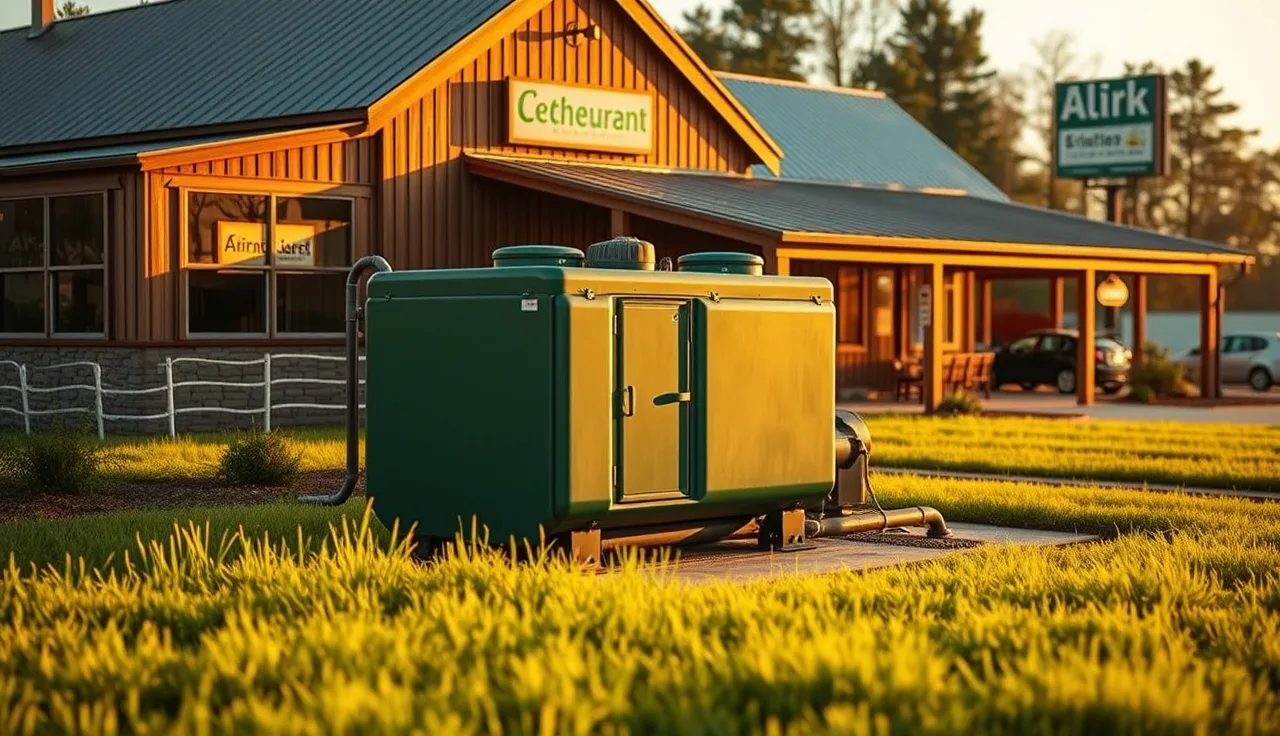 Commercial aerobic septic treatment unit installed behind a rural restaurant building