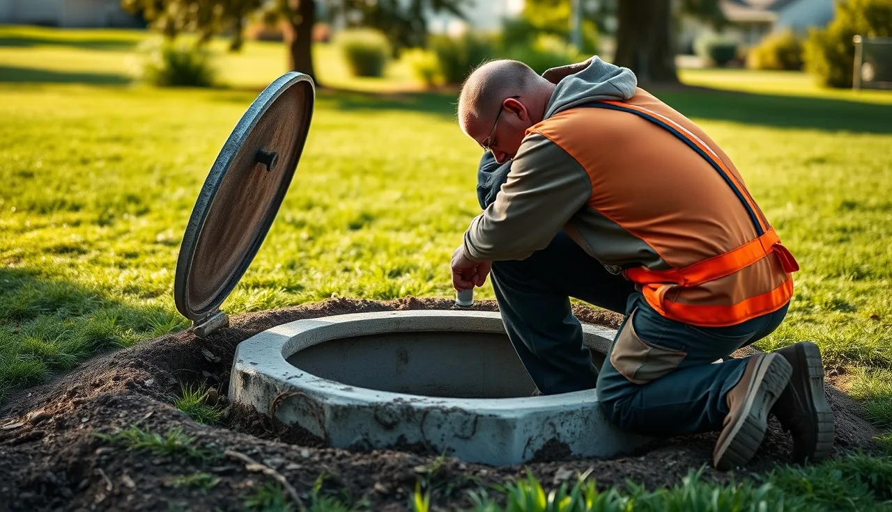 Septic technician inspecting open tank during commercial grade septic treatment service