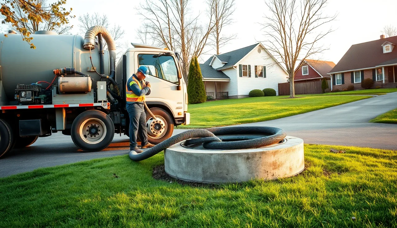 Septic vacuum truck on driveway, technician pumping residential septic tank