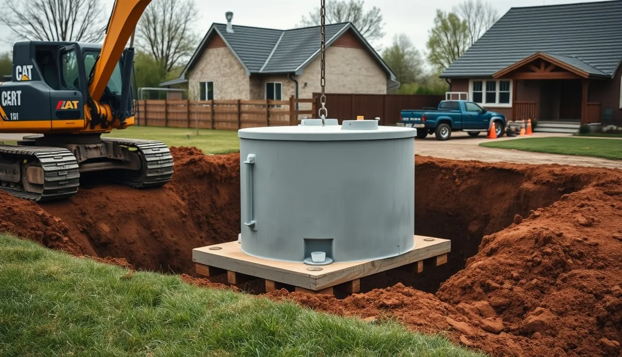Precast concrete septic tank being lowered into excavated pit at residential property