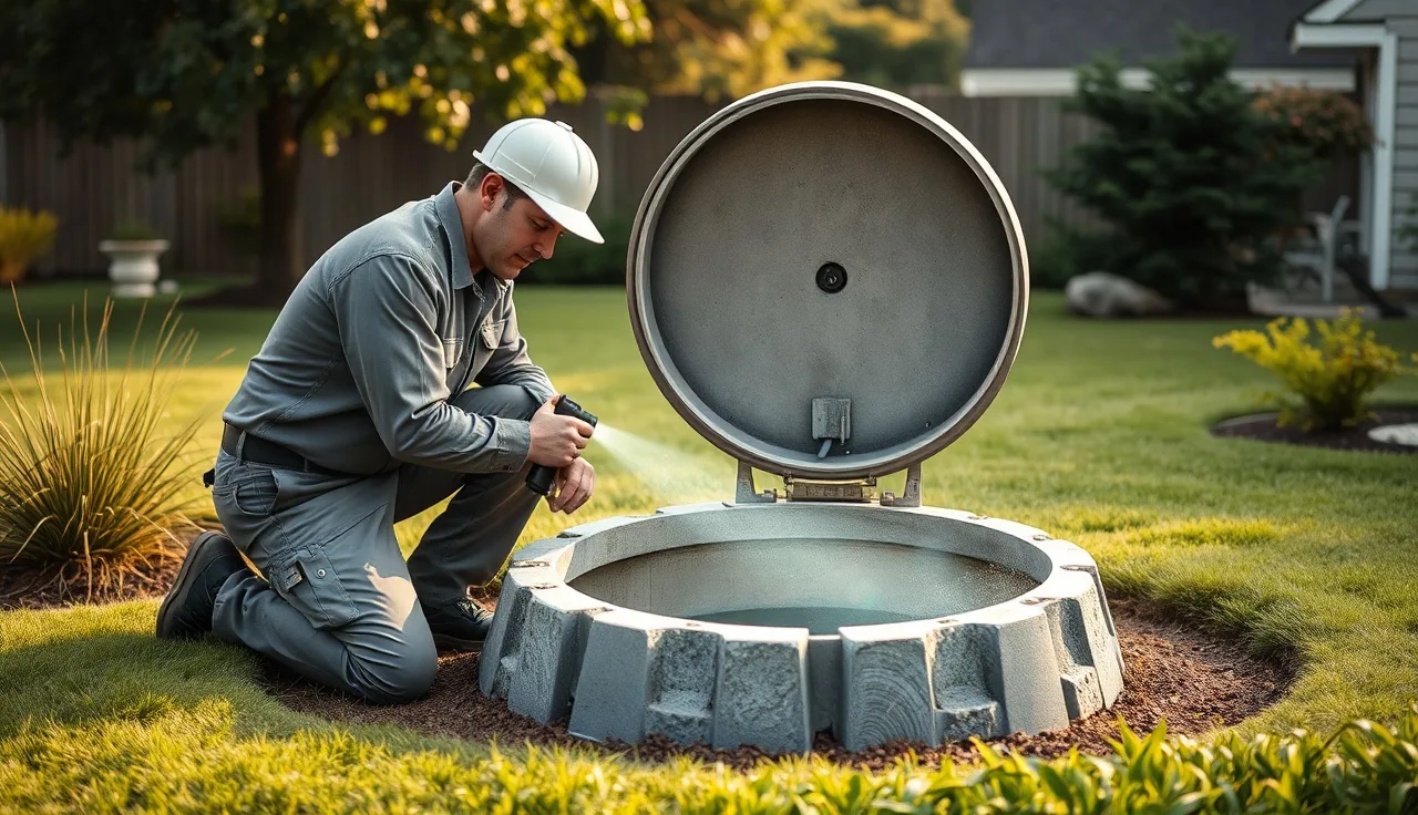 Technician inspecting open septic tank in a backyard during morning light